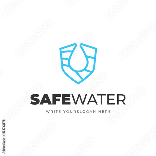 Shield logo accompanied drops of water. Shield water logo.