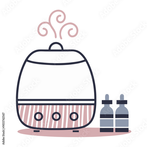 Aromatherapy diffuser emitting steam with essential oil bottles  