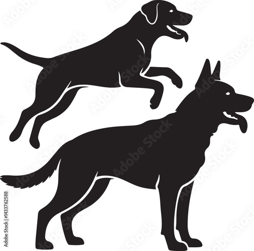 Silhouette of a Labrador Retriever Jumping and German Shepherd