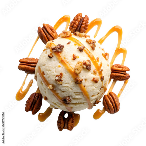 Delicious scoop of ice cream topped with caramel and nuts served creatively photo