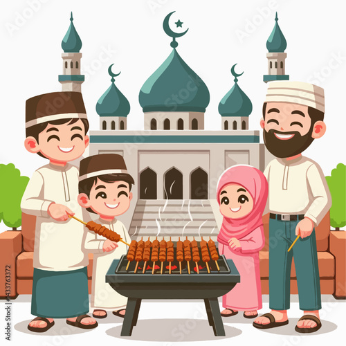 A muslim family prepares and enjoys a meal of satay near a mosque.