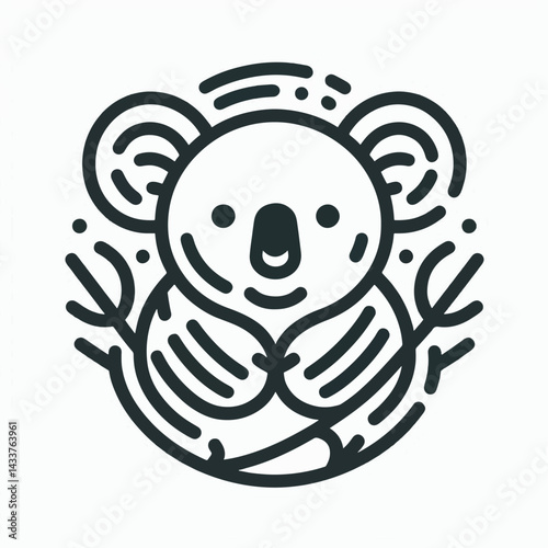 A friendly koala, stylized in simple line art, with leaves/branches.