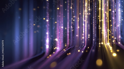 Abstract data stream of binary code with glowing particles, digital information flow concept. Ideal for technology, finance, or futuristic themes.