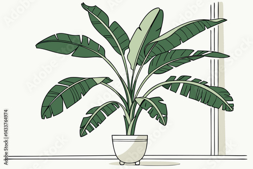 98 Tropical banana leaves, large green foliage, ceramic pot, indoor plant, botanical illustration, white background, high detail, vibrant green, glossy leaves, natural texture, minimalist composition,