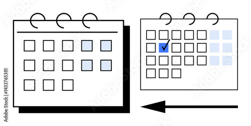 Two monthly calendars with highlighted dates, blue checkmark, and left-pointing arrow. Ideal for time management, scheduling, planning, progress tracking, deadlines workflow timeline. Flat simple