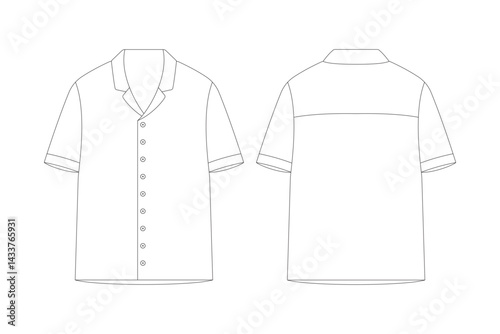 short sleeve shirt with full button up front, featuring front and back views. Great for fashion designers and apparel tech packs.