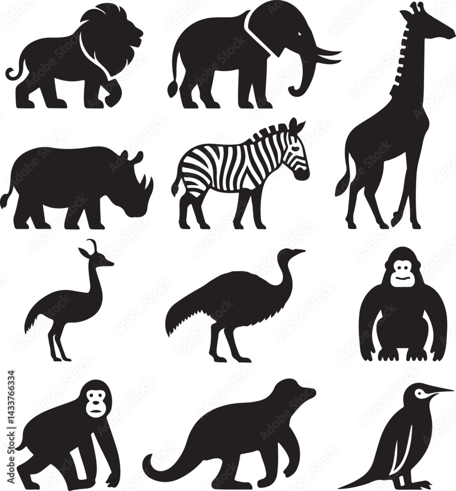 Naklejka premium African Safari Animals Silhouette Icons Set
