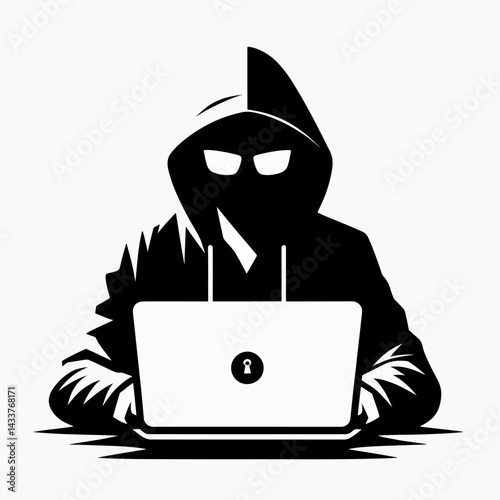 A silhouette of a hooded figure working on a laptop, symbolizing internet crime.