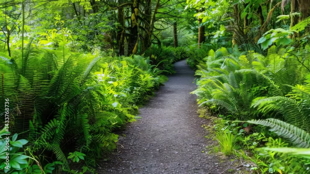 A peaceful forest trail surrounded by lush greenery