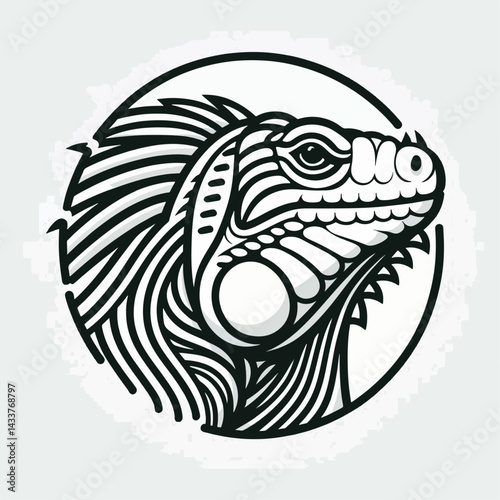 A detailed line art illustration of an iguana's head.