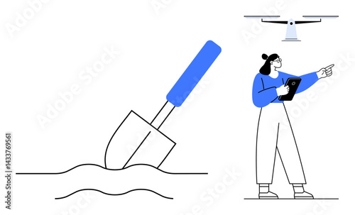 Drone hovering above, worker analyzing data on tablet, shovel in soil. Ideal for technology, innovation, agriculture, automation, environment, research simple landing page