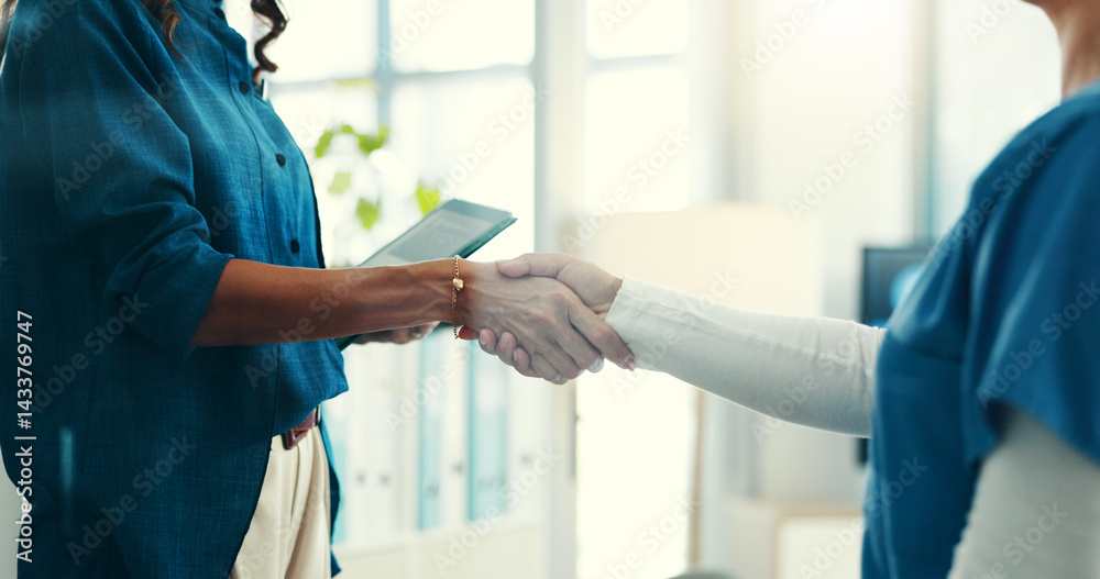 Handshake, onboarding and hospital management with nurse for new hire, partnership or welcome for healthcare. Introduction, thank you or medical recruitment with people shaking hands for doctor team