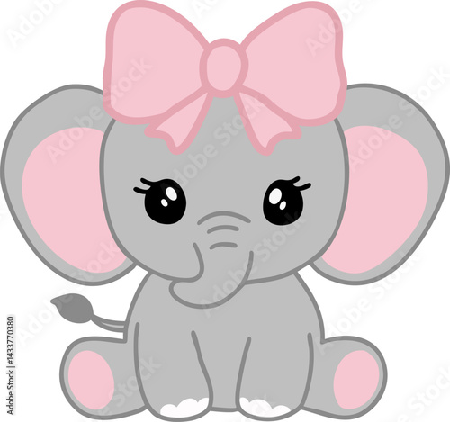 Cute cartoon baby elephant with pink bow sitting down