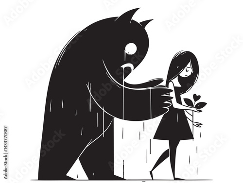 Depressed girl with scary monster shadow behind. Depression, psychological disorder, mental health, anxiety, loneliness concept. Hand Drawn character vector design Illustration