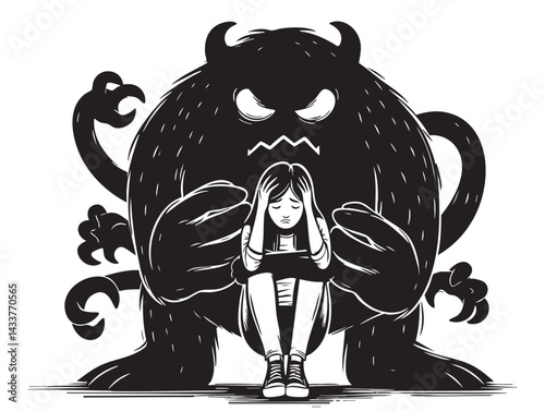 Depressed girl with scary monster shadow behind. Depression, psychological disorder, mental health, anxiety, loneliness concept. Hand Drawn character vector design Illustration
