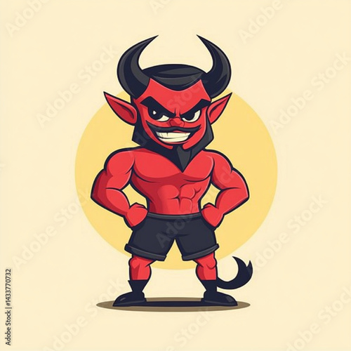 Confident Cartoon Devil Mascot with Red Skin, Horns, Beard, and Muscular Body, Vector Character Illustration on Light Background
