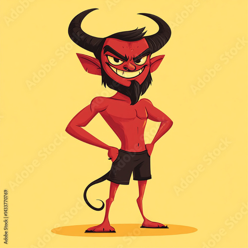 Confident Cartoon Devil Mascot with Red Skin, Horns, Beard, and Muscular Body, Vector Character Illustration on Light Background