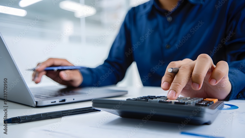 Close up businessman hand using calculator to budgeting and tax calculation monthly expenses. budget management and accounting on table. Business finance accounting banking concept. Close up businessman hand using calculator to budgeting and tax calculation monthly expenses. budget management and accounting on table. Business finance accounting banking concept.