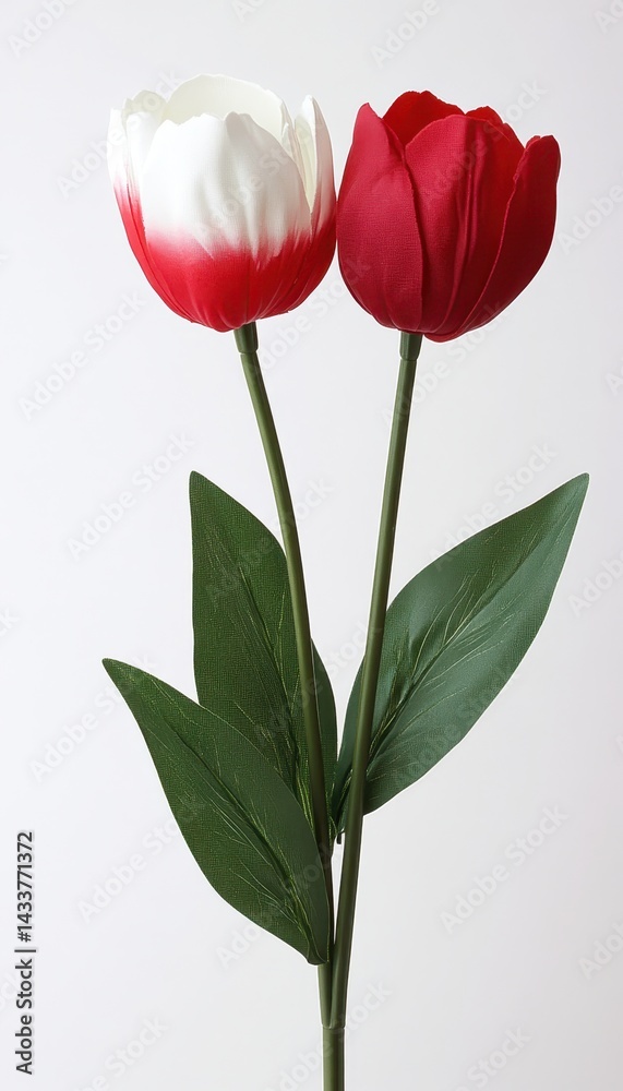 Two artificial tulips, one white and one red, with green leaves Two artificial tulips, one white and one red, with green leaves