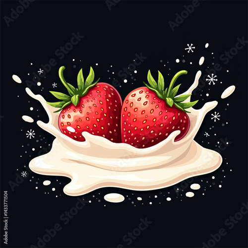 Vector design
with strawberry berries, cream
splashes of milk yogurt, snowflake isolated 
on black background. Fashionable print for paper, 
fruit juice, ice cream, food packaging.