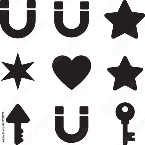 Collection of Simple Black Icons Magnets, Stars, Heart, Key