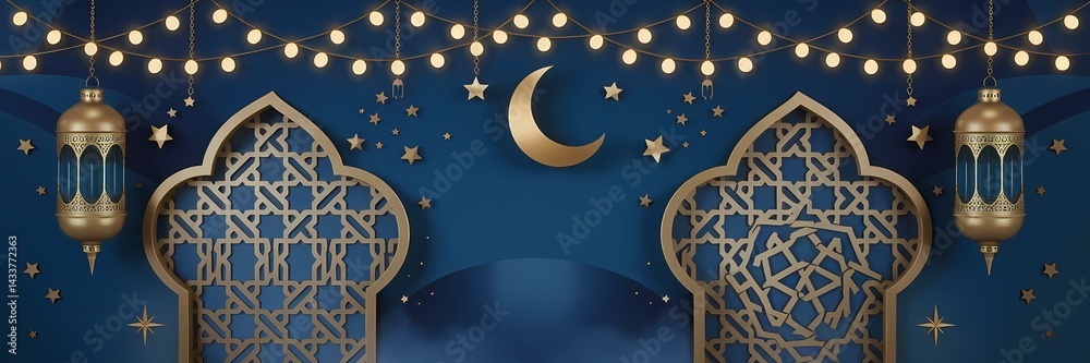 Naklejka premium Mesmerizing Ramadan Background with Deep Blue Gradient Islamic Ornaments Golden Lanterns Soft Glowing Crescent Moon Enhancing Sacred Atmosphere of the Holy Month with Elegant Minimalistic Decorations