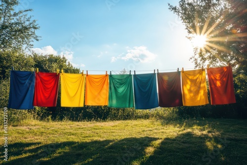 Colorful T-Shirts Hanging on Clothesline Under Sunny Sky