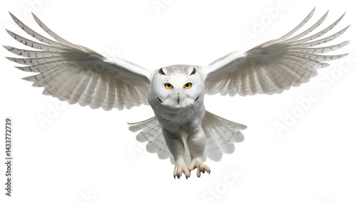 A snowy owl with white plumage and yellow eyes is flying with its wings fully extended forward facing png