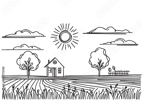 Rural landscape ripening field, agricultural landscape. Old Barn, house, trees, plants, fences and other elements, panorama. Hand drawn vector sketch illustration