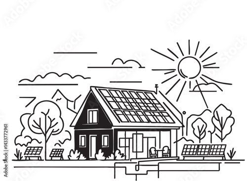 Sun, solar panel, house doodles continuous one line icon drawing. Energy of sun with ecology home power station vector illustration in doodle style