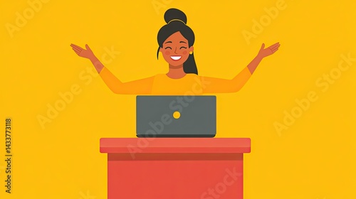 A woman stands smiling at a wooden podium with a laptop in front of her.