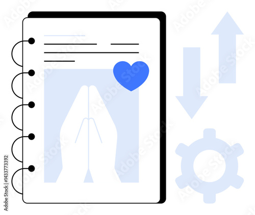Spiral-bound journal featuring hands in prayer, a blue heart, arrows symbolizing progress, and a gear for technology. Ideal for spirituality, growth, mindfulness, productivity, self-improvement