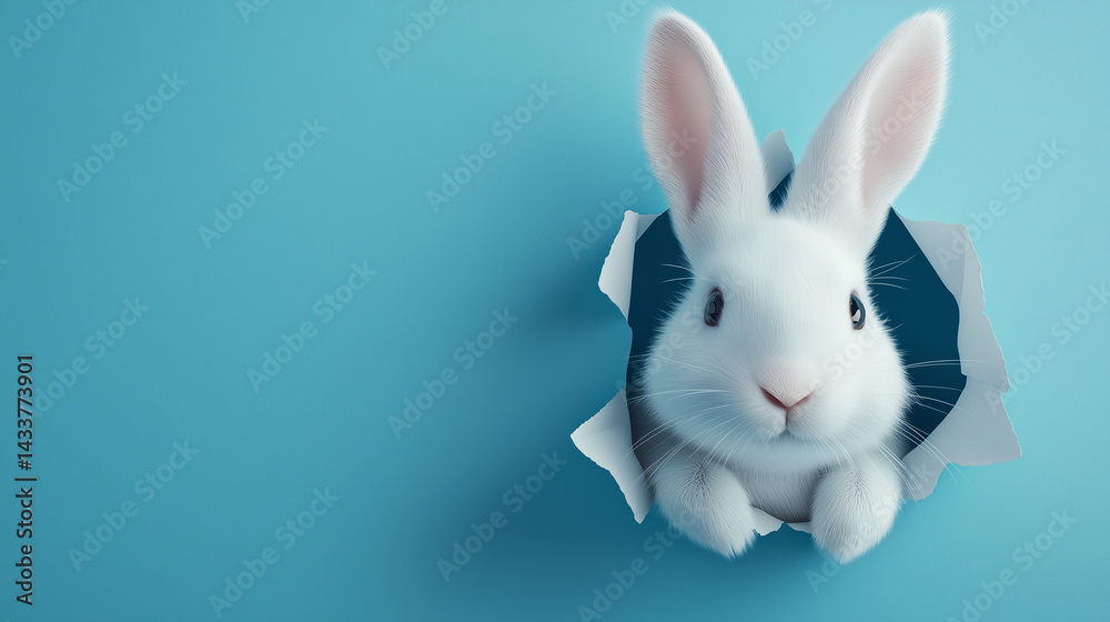 Obraz premium 3D rabbit head breaking through blue wall with copy space