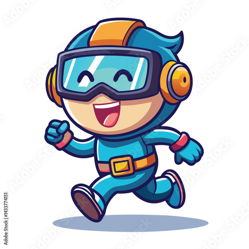Happy cartoon character running in a blue suit with goggles