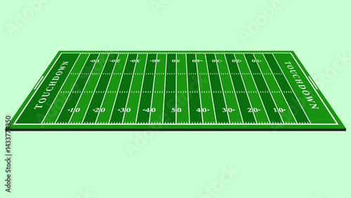 3D isometric illustration of an American football field with yard lines and touchdown zones, perfect for sports graphics and football themes.