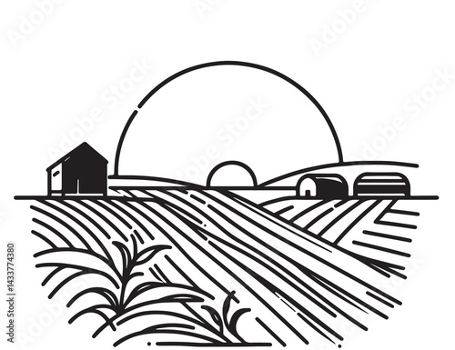 Rural landscape field wheat in graphical style. Sketch farm fields logo