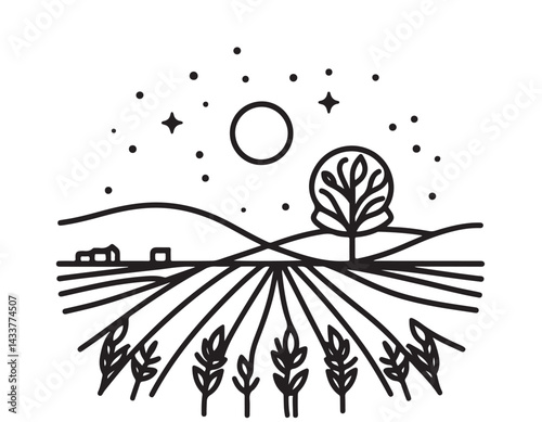 Rural landscape field wheat in graphical style. Sketch farm fields logo