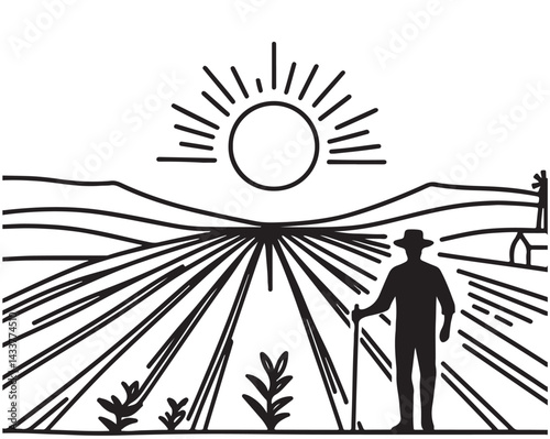 Rural landscape field wheat in graphical style. Sketch farm fields with farmer logo
