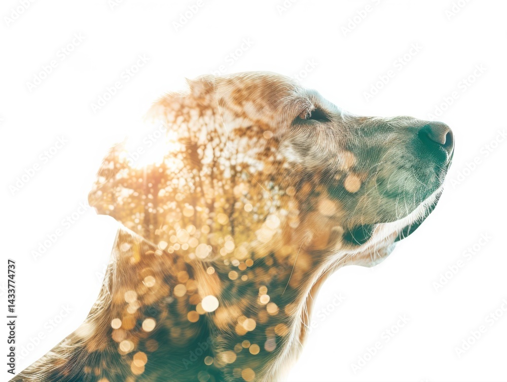 Fototapeta premium A serene dog silhouette merged with a sparkling, nature-themed background, creating a dreamlike and artistic effect.