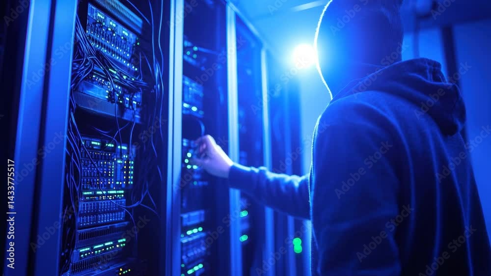Hacker in blue hoodie accessing server rack in data center, cybercrime and security breach concept, technology crime, computer network hacking, mysterious atmosphere, cyber security threat