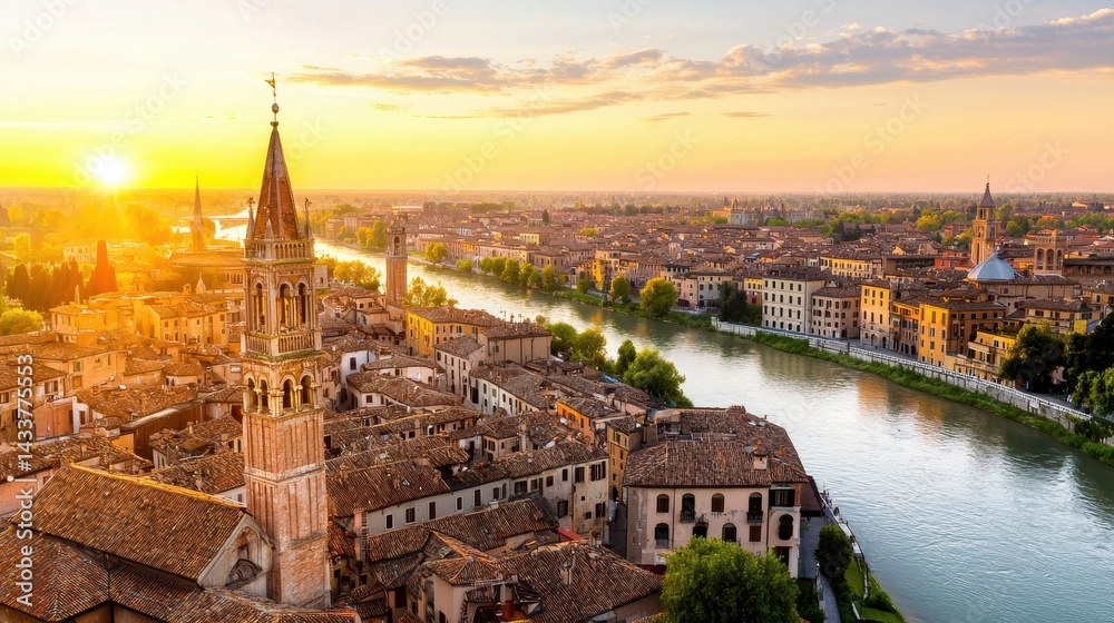 Obraz premium A stunning sunset view over a picturesque cityscape, featuring a river winding through charming buildings and historic architecture.