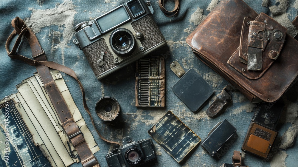 Fototapeta premium Vintage Camera and Leather Accessories Flat Lay