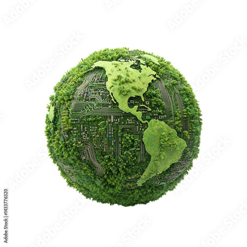 nature conservation concept. A globe made of greenery and circuit patterns symbolizes tech and nature. isolated on white background