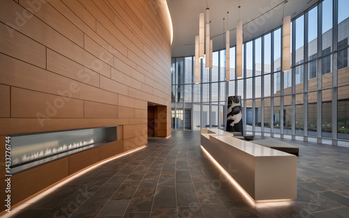 Create A 16:9 Virtual Background Of An Executive Hq Lobby: Sweeping Curved Wall Clad In Brushed Oak Veneer