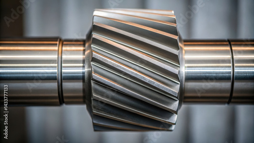 Industrial power plant gear close up showing metal helical teeth on shaft for mechanical energy transmission