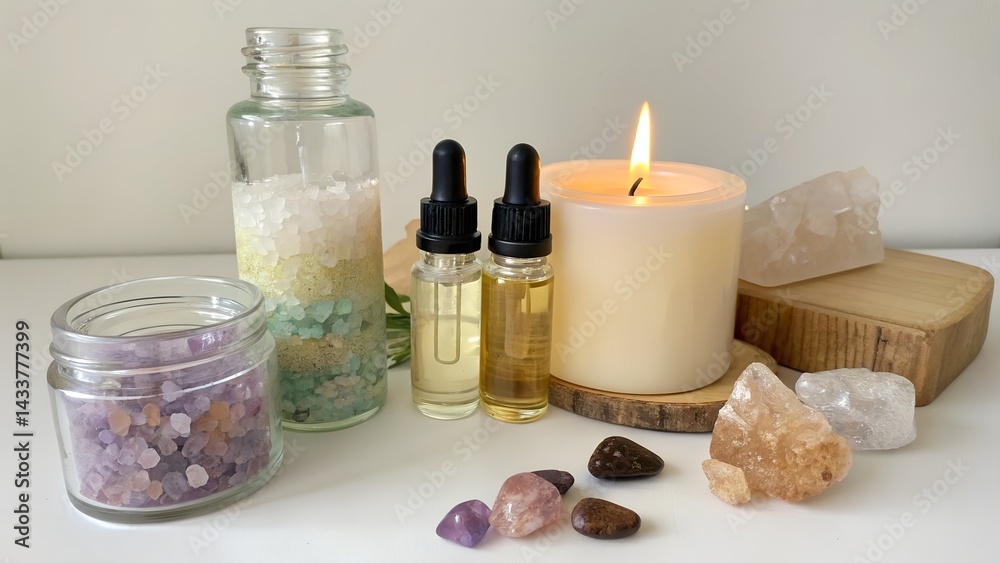 Flat Lay of Essential Oils Crystals and a Calming Candle Flat Lay of Essential Oils Crystals and a Calming Candle