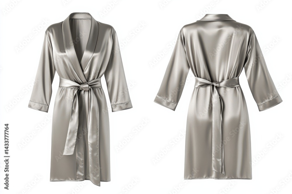 Elegant robe in light grey satin with tie belt, seen from front and back, luxurious sleepwear perfect for lounging in style Elegant robe in light grey satin with tie belt, seen from front and back, luxurious sleepwear perfect for lounging in style