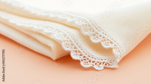 Cream fabric with lace trim.