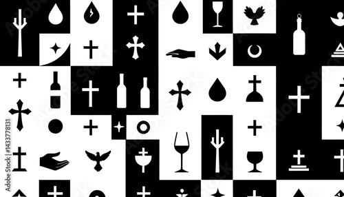 Black and White Religious Symbols Pattern_Featuring Crosses_Drops_Wine Glasses_and Spiritual Motifs_A Modern and Minimalist Design_Ideal for Backgrounds and Creative Projects