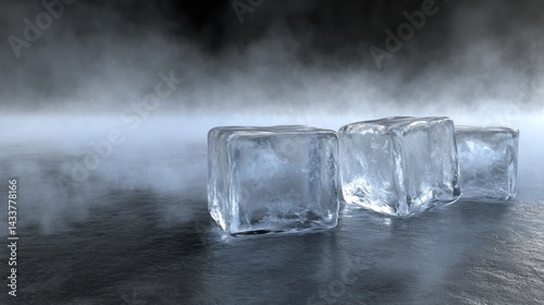 Three ice cubes rest on a dark surface, surrounded by fog